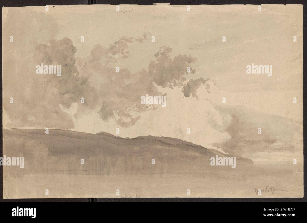 Paesaggio con nuvole; verso: Contorno di due teste dal retro. Thoma, Hans (1839-1924), disegnatore, cartoonista Foto Stock