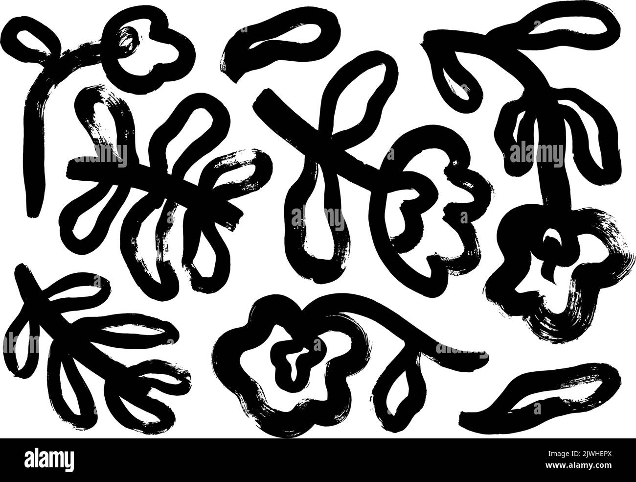 Fiori neri astratti in una collezione di stile ingenuo. Illustrazione Vettoriale