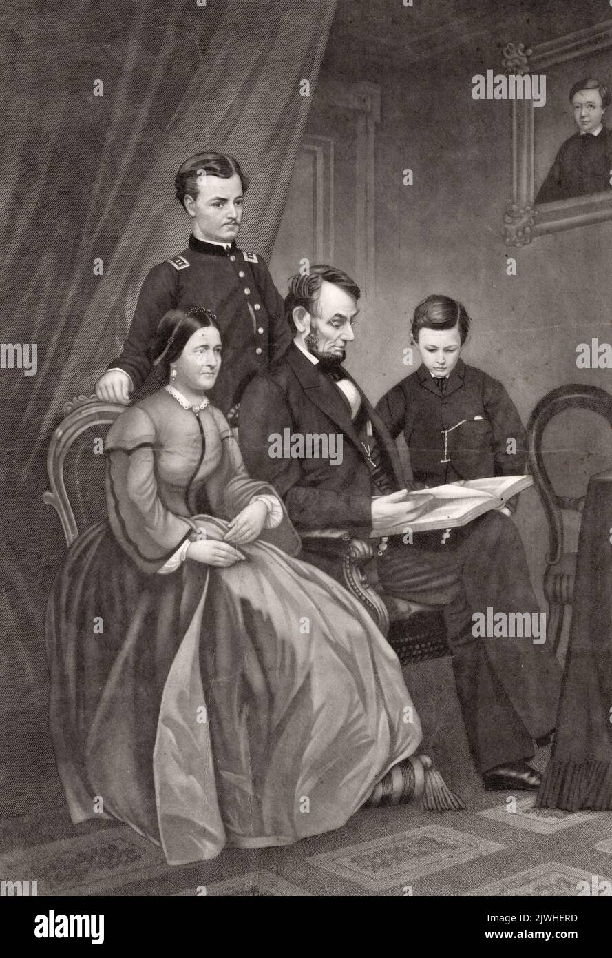 Un'incisione del presidente Abraham Lincoln a casa: Leggere le Scritture a Robert e Thomas di sua moglie e suo figlio (noto come Tad o Taddeo). Solo Robert Lincoln sarebbe surbive per diventare e adulti. Tad morì a 18 anni (poosibly da TBC) e William morì a 12 anni dalla febbre tifoide. Foto Stock