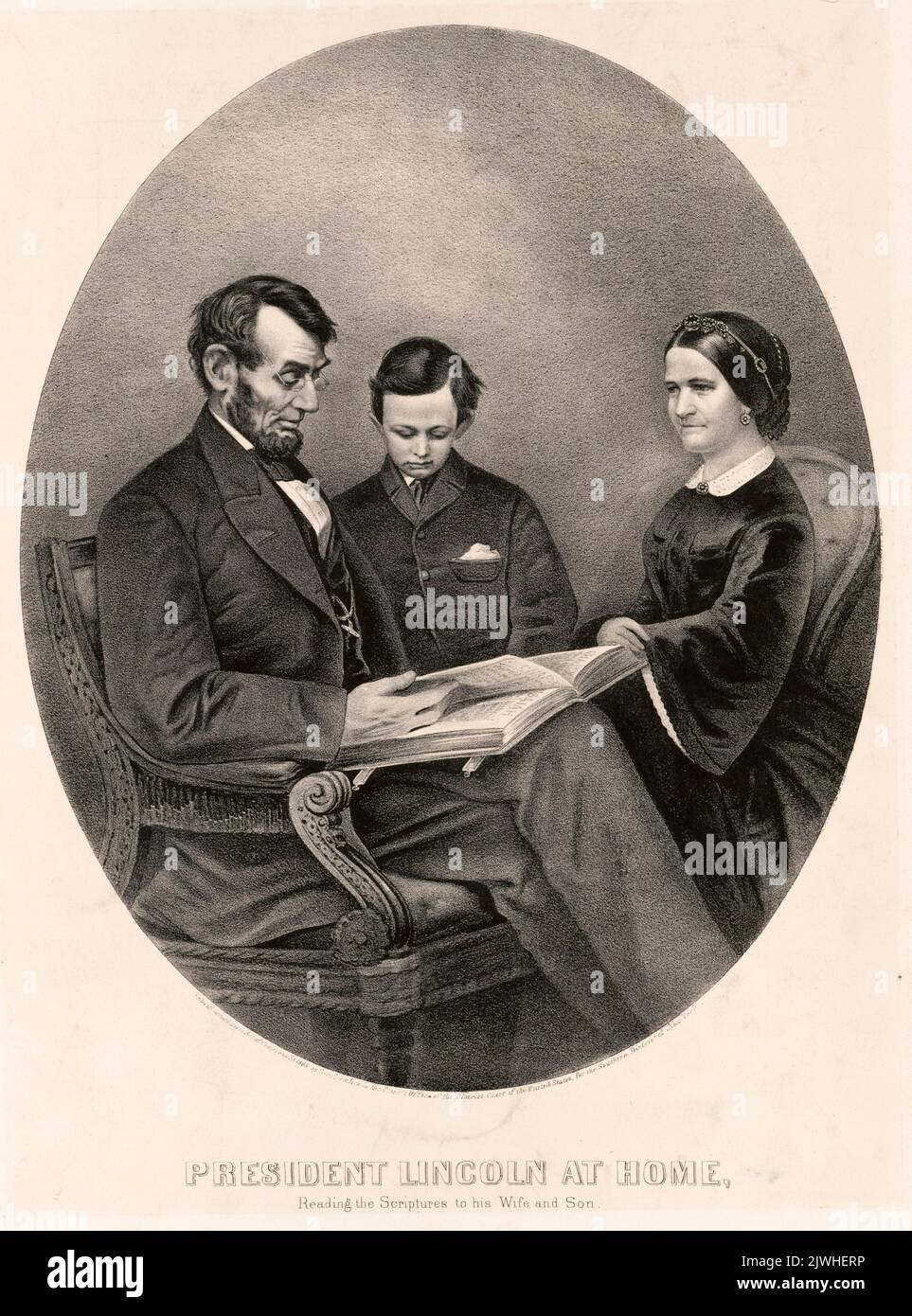 Un'incisione del presidente Abraham Lincoln a casa: Leggere le Scritture a sua moglie e suo figlio Foto Stock