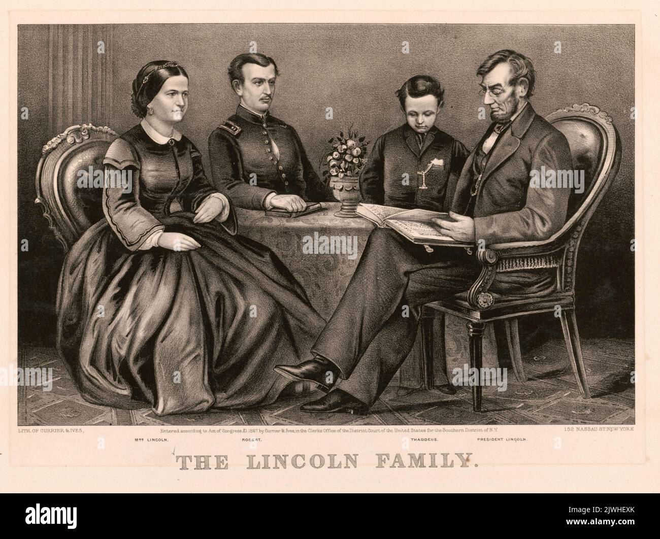Abraham Lincoln con sua moglie Mary Toff Lincoln e due dei loro figli Robert e Thomas (noto come Tad o Taddeo). Solo Robert Lincoln sarebbe surbive per diventare e adulti. Tad morì a 18 anni (poosibly da TBC) e William morì a 12 anni dalla febbre tifoide. Foto Stock