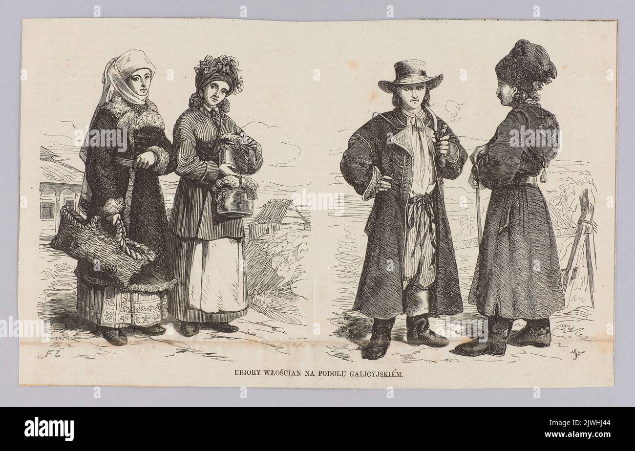 Riproduzione del disegno: Juliusz Kossak (1824-1899), Abbigliamento dei proprietari terrieri in Podolia galiziana; estratto da una rivista. Juliusz Kossak (1824-1899), disegnatore, cartoonista, Tygodnik Ilustrowany (Warszawa ; czasopismo ; 1859-1939), editore, Zabłocki, Feliks (?-1874), taglialegna Foto Stock