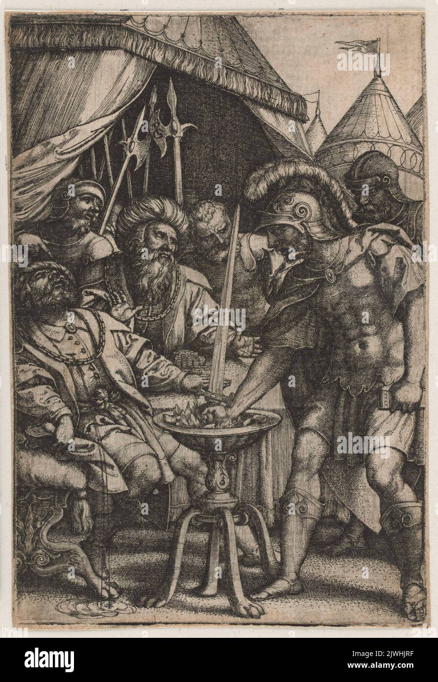Mucio Scaevola mette la mano nel fuoco alla presenza del re Porsenna. Pencz, Georg (ca. 1500-1550), artista grafico Foto Stock