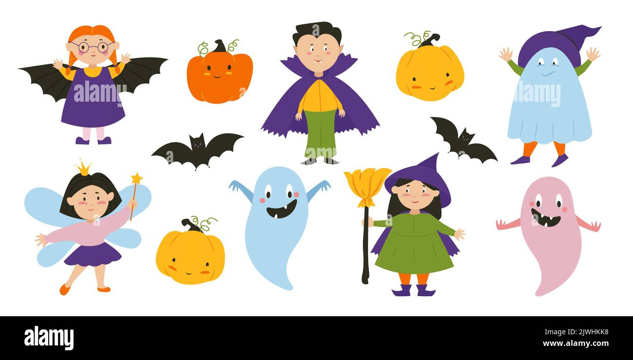 Bambini in dracula, strega, bat e fata costumi, Halloween party personaggi set. Illustrazione vettoriale Illustrazione Vettoriale