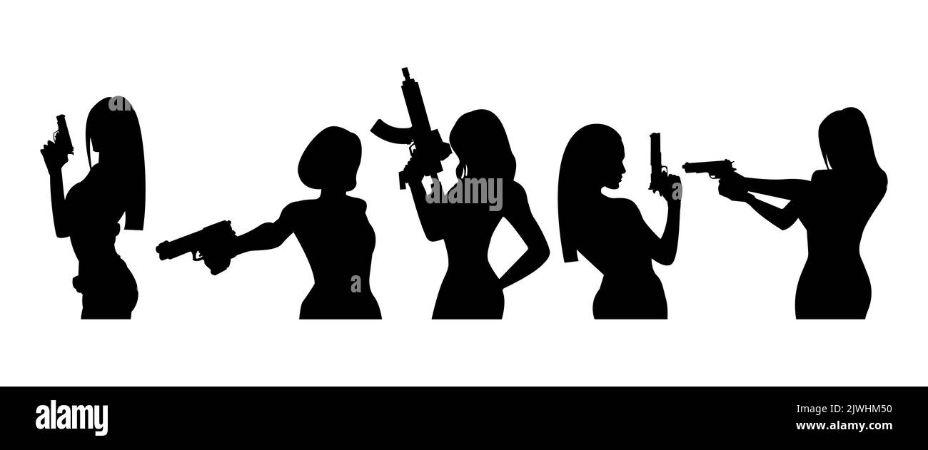 Silhouette di donne con armi in mano. L'illustrazione vettoriale è semplice Illustrazione Vettoriale