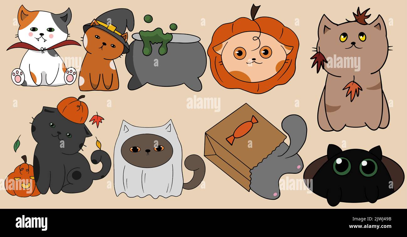 Carino pacco di gatti che sono stati vestiti per la celebrazione di Halloween Illustrazione Vettoriale
