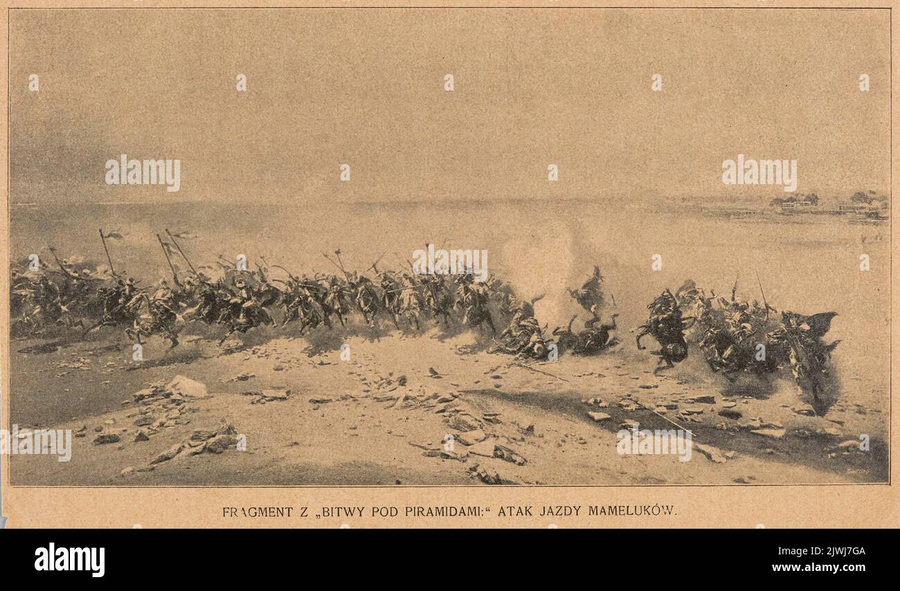 Riproduzione di un dipinto: Wojciech Kossak (1856-1942), frammento della "Battaglia delle Piramidi" - attacco di cavalleria Mamluk; estratto da una rivista. Sconosciuto, editore Foto Stock