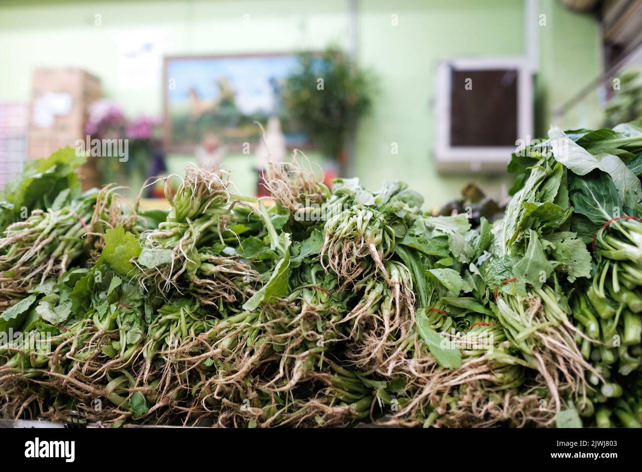 Verdure cinesi verdi in vendita presso un negozio di alimentari vietnamita a Cabramatta - Sydney, Australia Foto Stock
