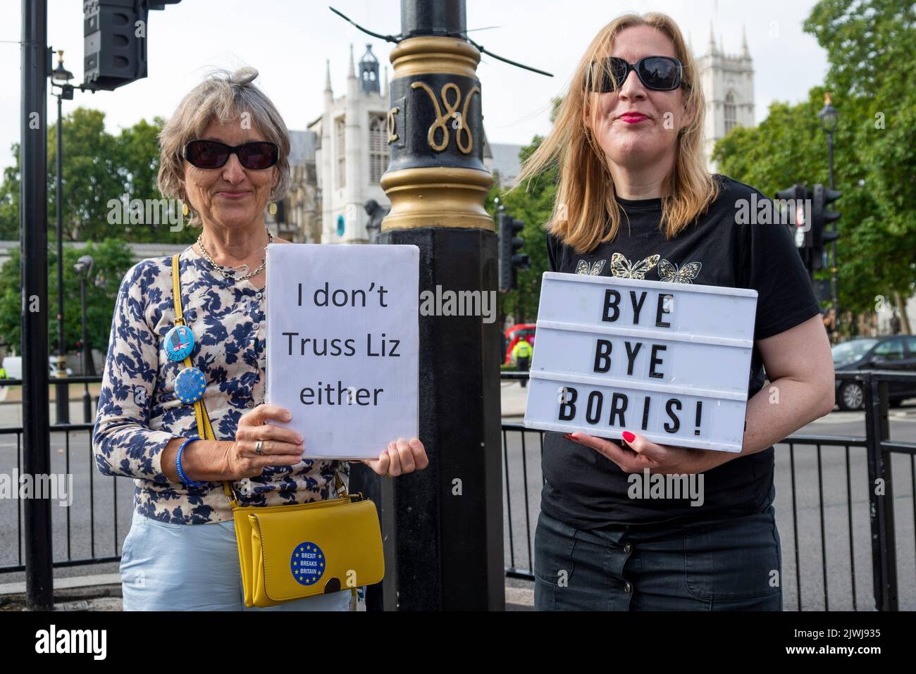Manifestanti a Westminster durante l'annuncio della leadership conservatrice. Ciao Boris, e non Truss Liz entrambi i messaggi Foto Stock