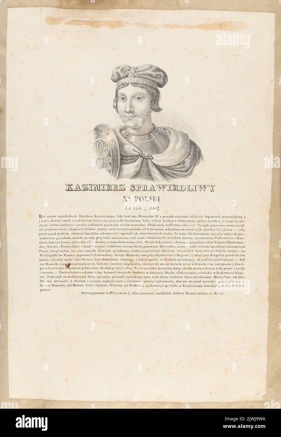 Casimir II il giusto (dal ciclo: “Ritratti di re polacchi e personaggi famosi con una descrizione della loro vita”, Varsavia, 1829 e 1830). Kośmiński, Józef (Warszawa ; Zakład litografzny ; ca 1828-ca 1845), atelier litografico, Horwart, Ludwik (fl. 1821-1837), artista grafico Foto Stock