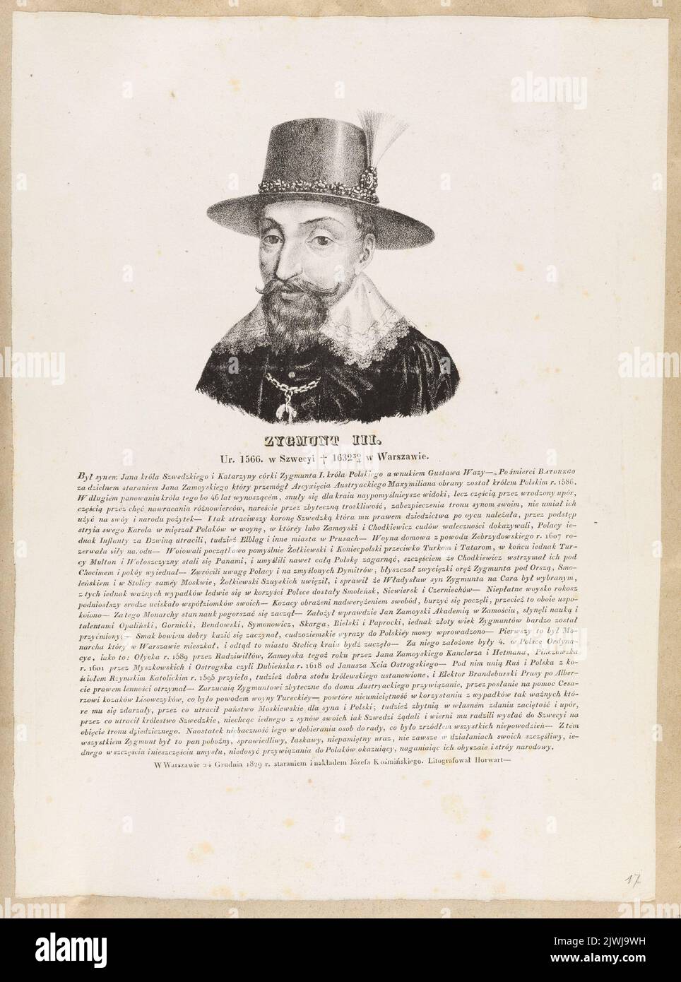 Ritratto di Sigismondo III Vasa (dal ciclo: “Ritratti di re polacchi e personaggi famosi con una descrizione della loro vita”, Varsavia, 1829 e 1830). Kośmiński, Józef (Warszawa ; Zakład litografzny ; ca 1828-ca 1845), atelier litografico, Horwart, Ludwik (fl. 1821-1837), artista grafico, Bacciarelli, Marcello (1731-1818), pittore Foto Stock
