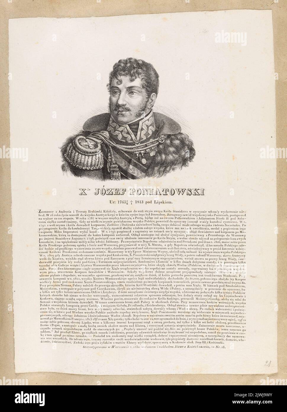 Ritratto del principe Józef Poniatowski (dal ciclo: “Ritratti di re polacchi e personaggi famosi con una descrizione della loro vita”, Varsavia, 1829 e 1830). Kośmiński, Józef (Warszawa ; Zakład litografzny ; ca 1828-ca 1845), atelier litografico, Horwart, Ludwik (fl. 1821-1837), artista grafico Foto Stock
