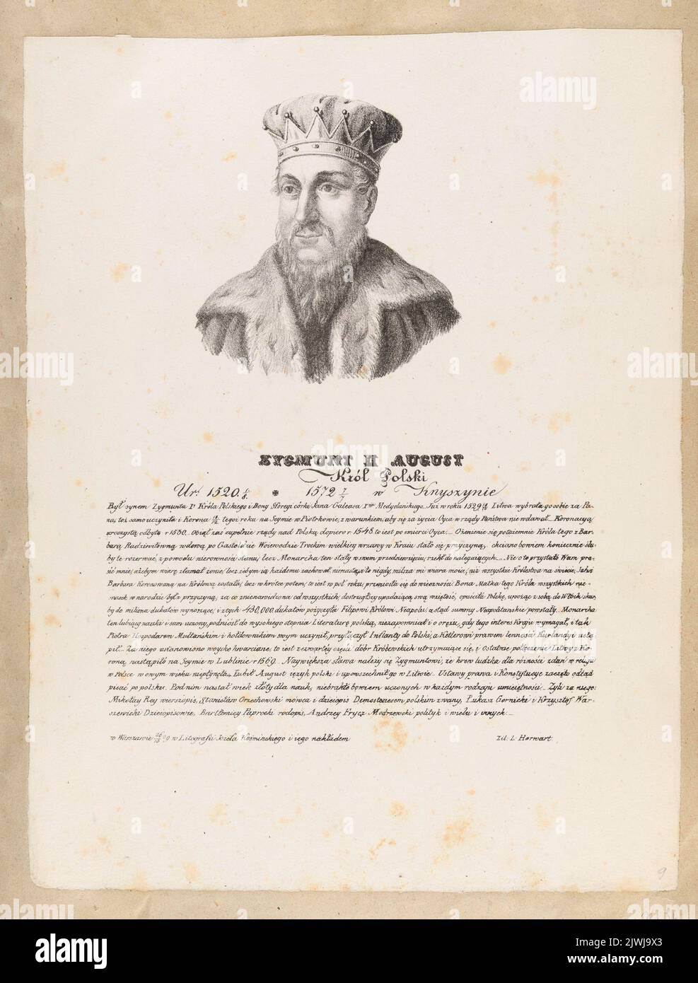Ritratto di Sigismondo II agosto (dal ciclo: “Ritratti di re polacchi e personaggi famosi con una descrizione della loro vita”, Varsavia, 1829 e 1830). Kośmiński, Józef (Warszawa ; Zakład litografzny ; ca 1828-ca 1845), atelier litografico, Horwart, Ludwik (fl. 1821-1837), artista grafico Foto Stock