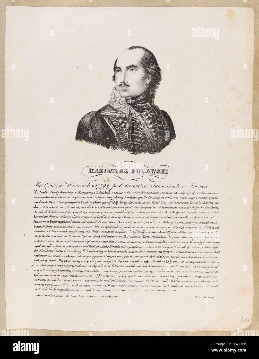 Ritratto di Kazimierz Pułaski (dal ciclo: “Ritratti di re polacchi e personaggi famosi con una descrizione della loro vita”, Varsavia, 1829 e 1830). Kośmiński, Józef (Warszawa ; Zakład litografzny ; ca 1828-ca 1845), atelier litografico, Horwart, Ludwik (fl. 1821-1837), artista grafico Foto Stock