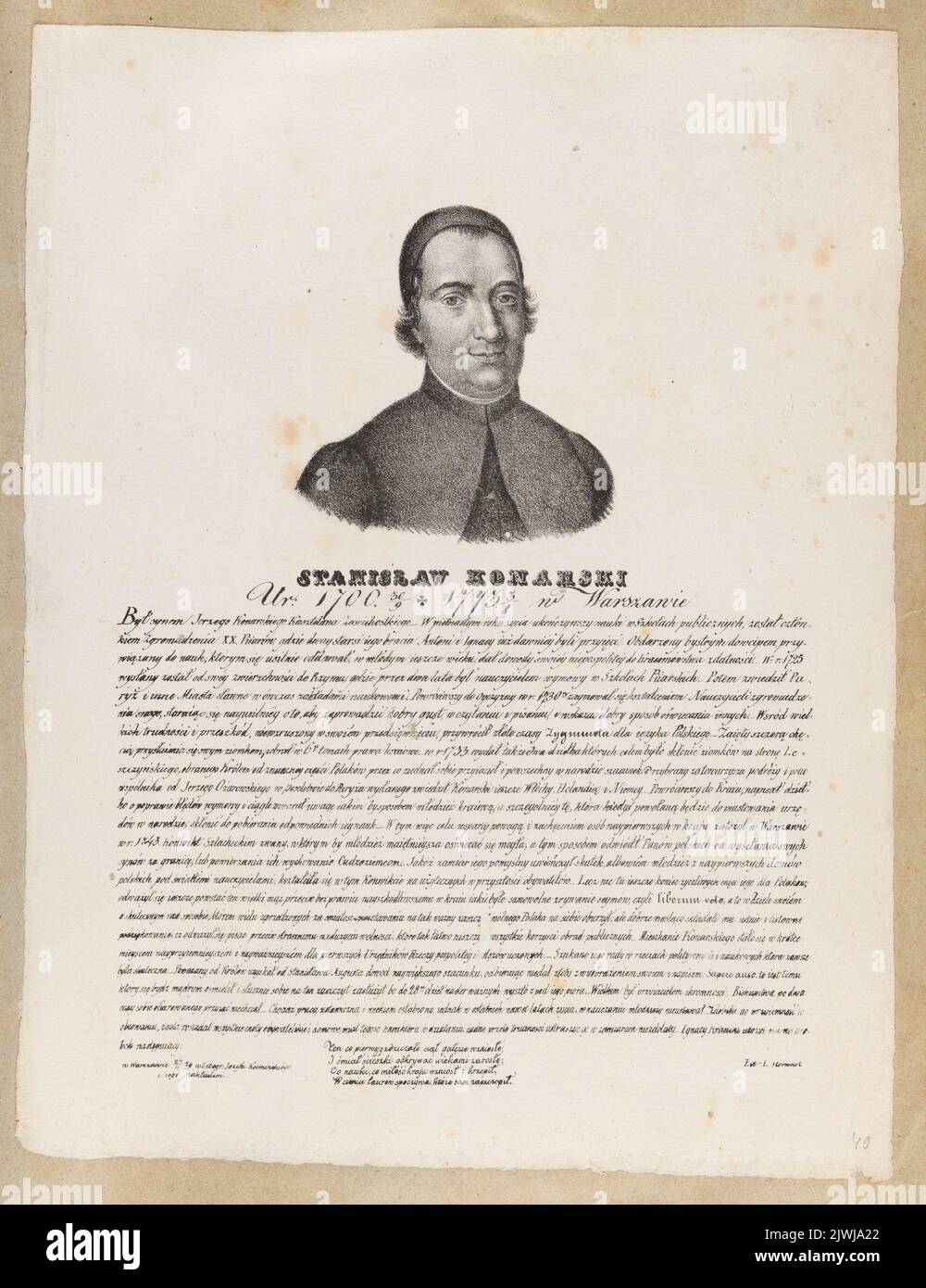 Ritratto di Stanisław Konarski (dal ciclo: “Ritratti di re polacchi e personaggi famosi con una descrizione della loro vita”, Varsavia, 1829 e 1830). Kośmiński, Józef (Warszawa ; Zakład litografzny ; ca 1828-ca 1845), atelier litografico, Horwart, Ludwik (fl. 1821-1837), artista grafico Foto Stock