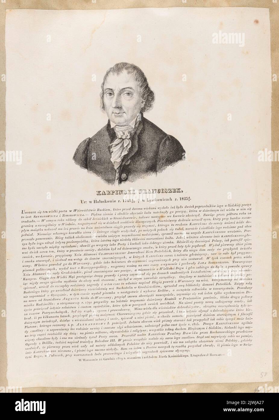 Ritratto di Franciszek Karpiński (dal ciclo: “Ritratti di re polacchi e personaggi famosi con una descrizione della loro vita”, Varsavia, 1829 e 1830). Kośmiński, Józef (Warszawa ; Zakład litografzny ; ca 1828-ca 1845), atelier litografico, Horwart, Ludwik (fl. 1821-1837), artista grafico Foto Stock