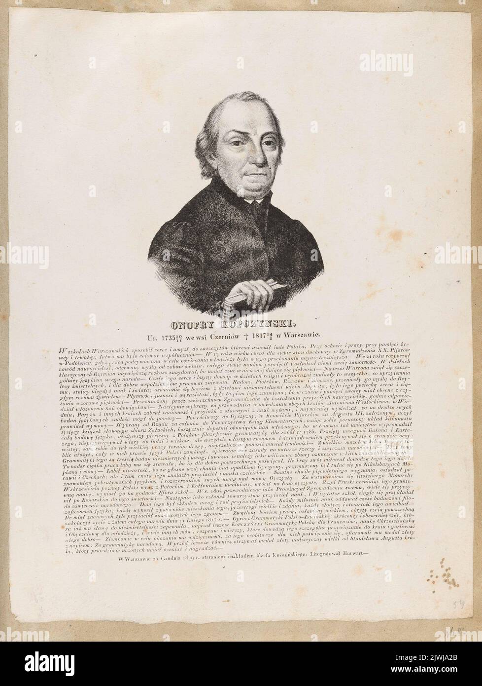 Ritratto di Onufry Kopczyński (dal ciclo: “Ritratti di re polacchi e personaggi famosi con una descrizione della loro vita”, Varsavia, 1829 e 1830). Kośmiński, Józef (Warszawa ; Zakład litografzny ; ca 1828-ca 1845), atelier litografico, Horwart, Ludwik (fl. 1821-1837), artista grafico Foto Stock