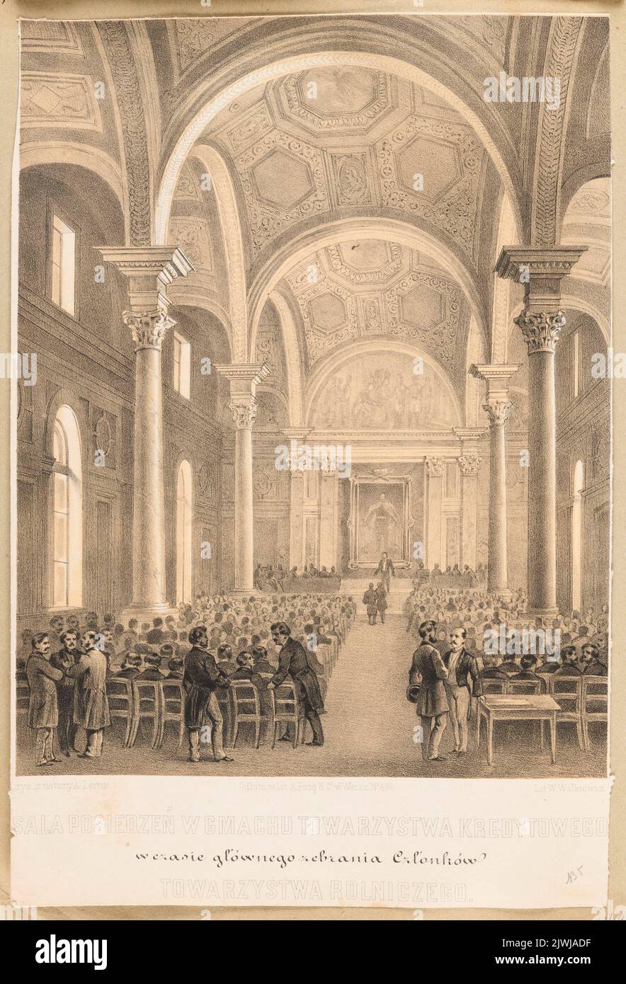 Sala riunioni presso la Società di credito durante un incontro generale dei membri della Società agricola. Pecq, Adolf & Co. (Warszawa ; Zakład litografzny ; fl. 1856-1859), atelier litografico, Walkiewicz, Władysław (1833-1900), artista grafico, Lerue, Adam (1825-1863), disegnatore, cartoonista Foto Stock