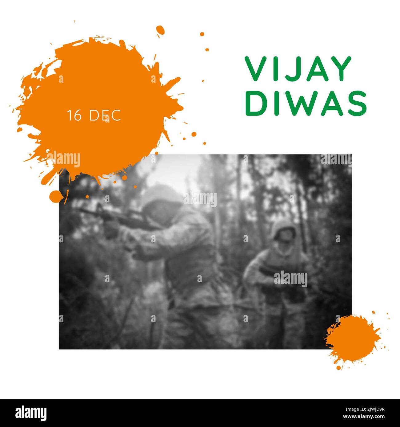 Composito del 16 dicembre e vijay diwas testo sui soldati dell'esercito con armi da fuoco tra alberi nella foresta Foto Stock