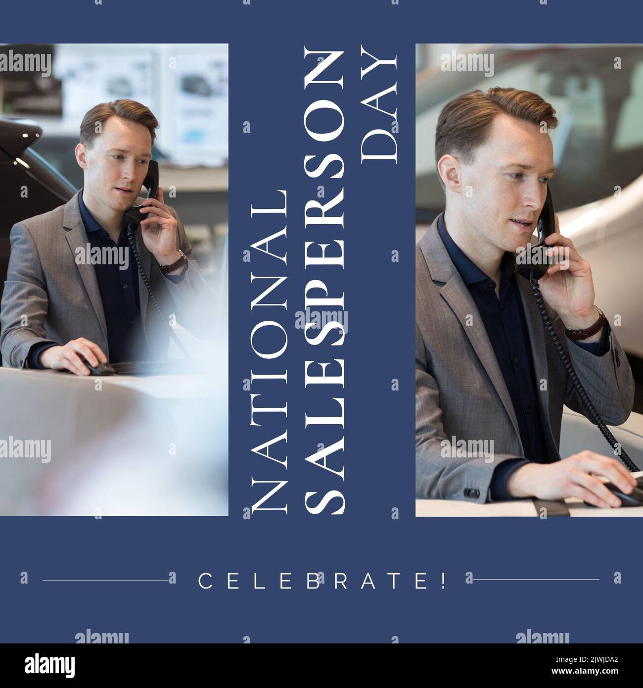 Collage di uomo d'affari caucasico che parla al telefono e celebra il testo nazionale del giorno del venditore Foto Stock