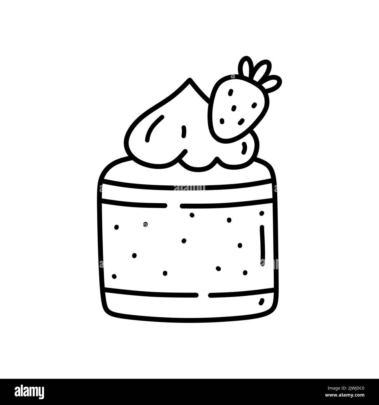 Pezzo di torta di fragole isolato su sfondo bianco. Dolce carino decorato con frutti di bosco. Illustrazione vettoriale disegnata a mano in stile doodle. Perfetto per Illustrazione Vettoriale