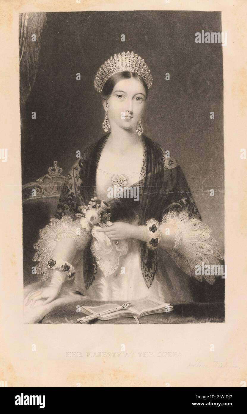 Ritratto della Regina Vittoria nella residenza reale al Drury Lane Theatre di Londra. Wagstaff, Charles Eden (fl. 1798-1850), artista grafico, Parris, Edmund Thomas (1793-1873), pittore Foto Stock