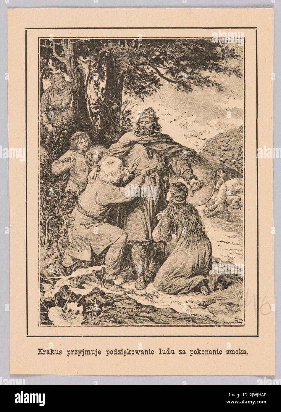 Walery Eljasz-Radzikowski, Krakus accetta la gratitudine della gente per aver uccisito il drago. Husnik & Häusler (Praga ; Zakład reprograficzny ; 1888-1936), atelier di riproduzione Foto Stock