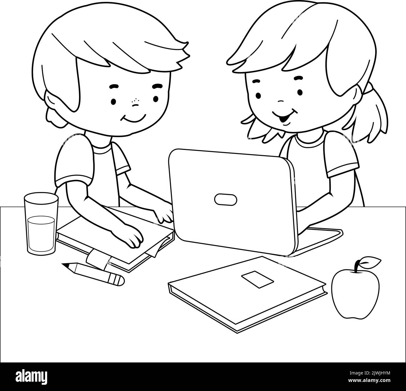 Studenti che eseguono esercitazioni utilizzando un computer. Pagina vettoriale da colorare in bianco e nero Illustrazione Vettoriale