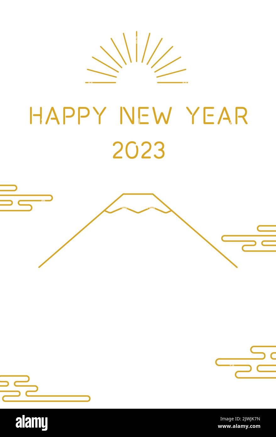 Carta di Capodanno giapponese per l'anno del coniglio 2023, semplice disegno del Monte Fuji e alba del primo giorno dell'anno Illustrazione Vettoriale