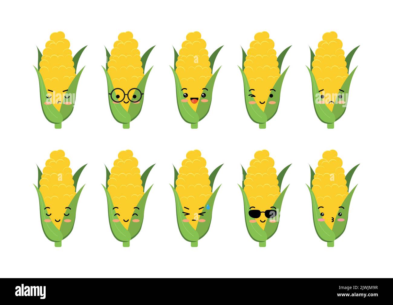 Cute corn cob sorriso e triste divertente cartone animato bambino vettore set. Illustrazione Vettoriale