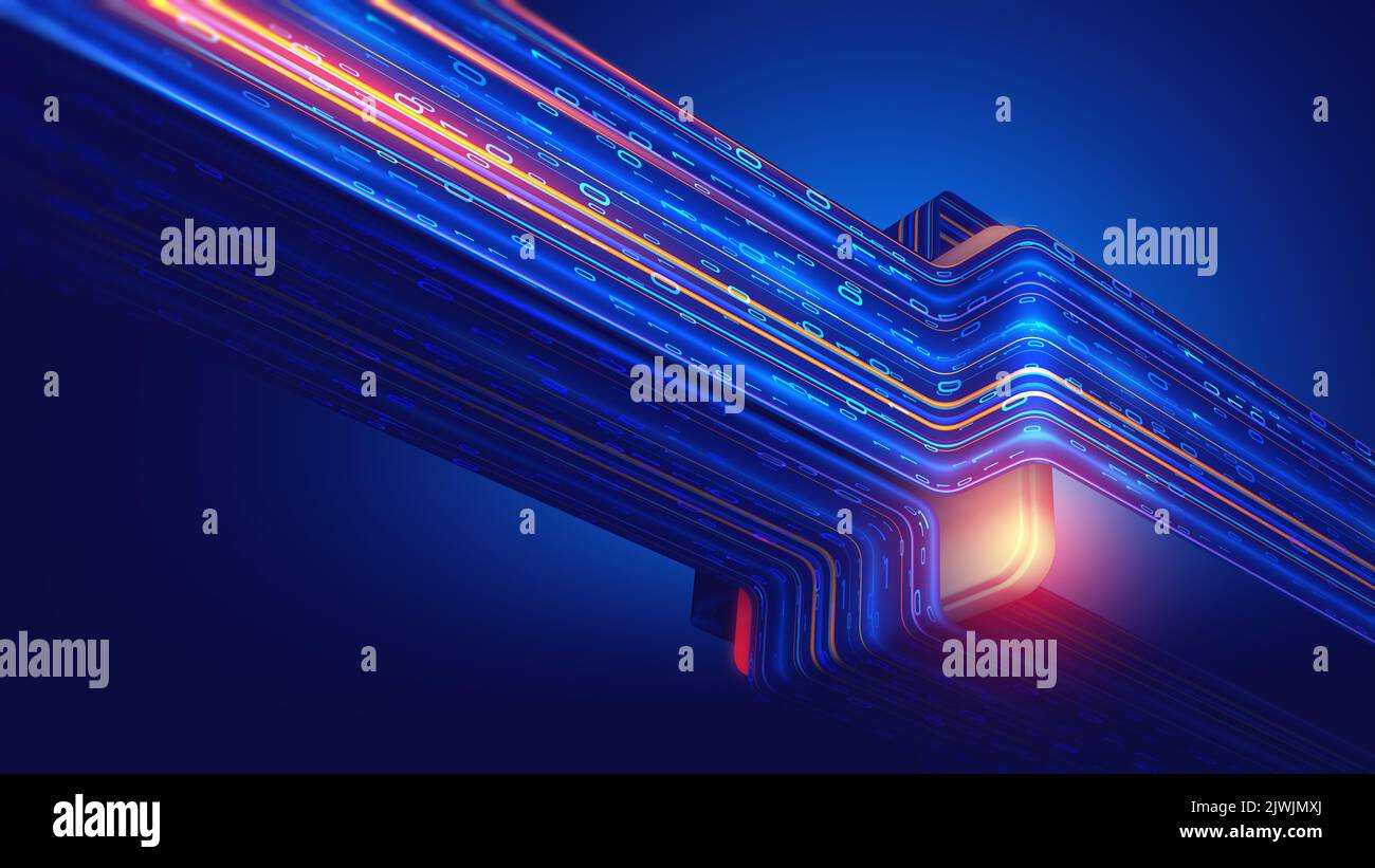 Cyber hi-tech. Flusso di big data futuristico. Movimento del flusso di dati digitali. Illustrazione del canale di trasmissione dati 3D. Presentazione dell'analisi aziendale Foto Stock