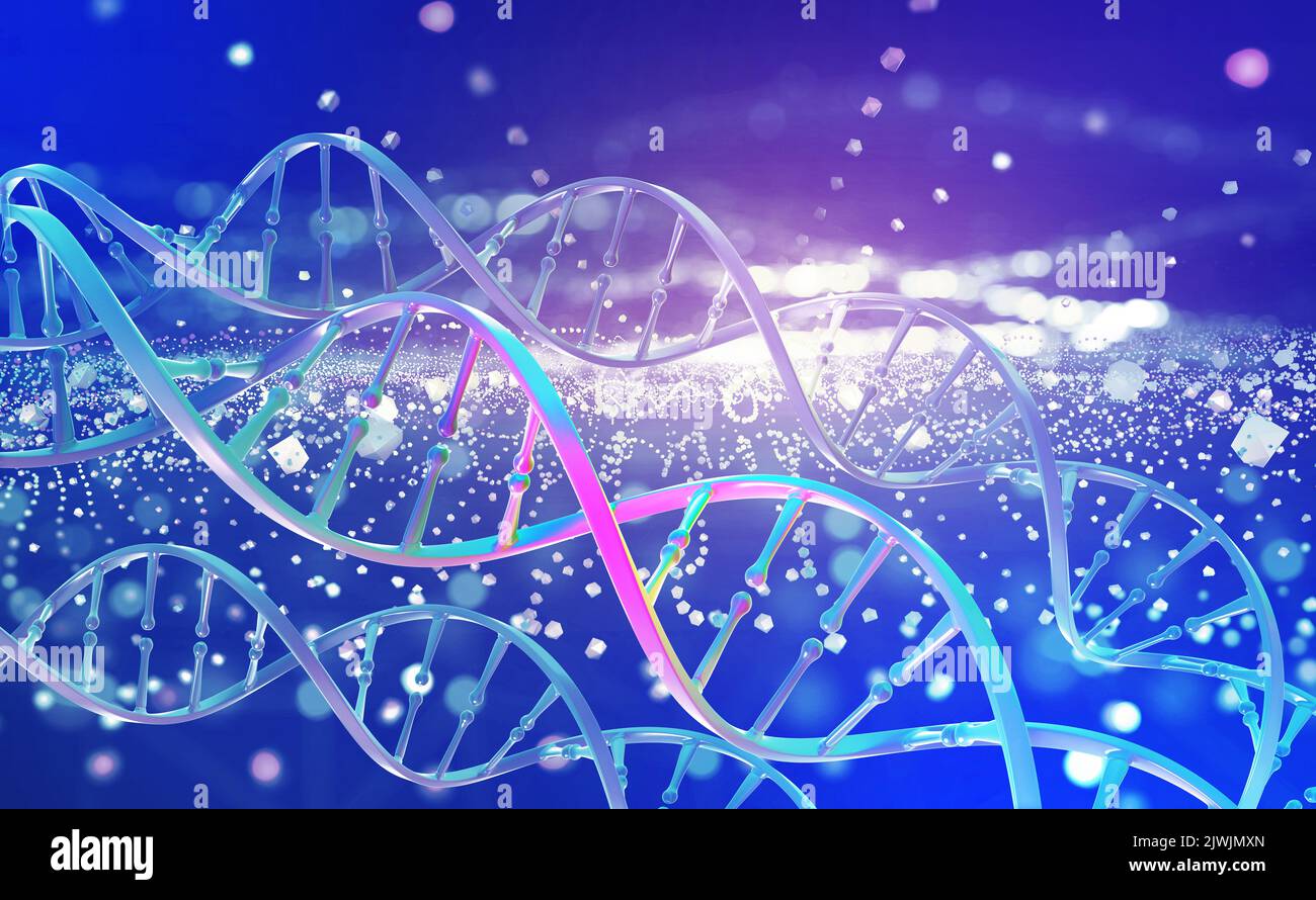 Illustrazione dell'elica del DNA 3D. Ricerca di laboratorio del genoma umano. Tecnologie digitali in microbiologia. Background Hi-tech Foto Stock