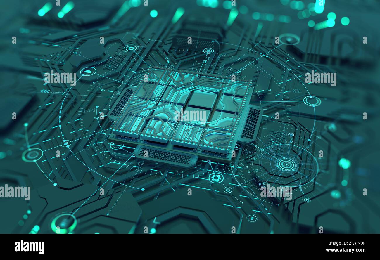 Intelligenza artificiale. Processore quantistico, CPU, futuristico circuito informatico. Ciberspazio ad alta tecnologia. Illustrazione realistica 3D Foto Stock