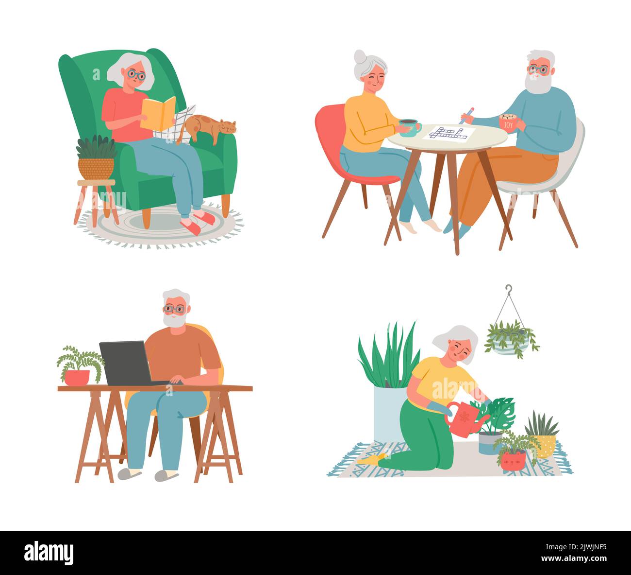 Uomini anziani a casa facendo hobby piantando e leggendo Illustrazione Vettoriale