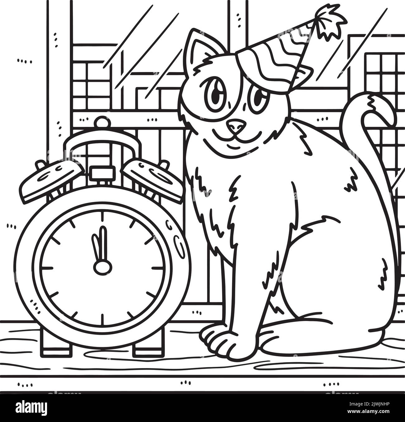 Pagina da colorare del gatto e dell'orologio del conto alla rovescia di Capodanno Illustrazione Vettoriale