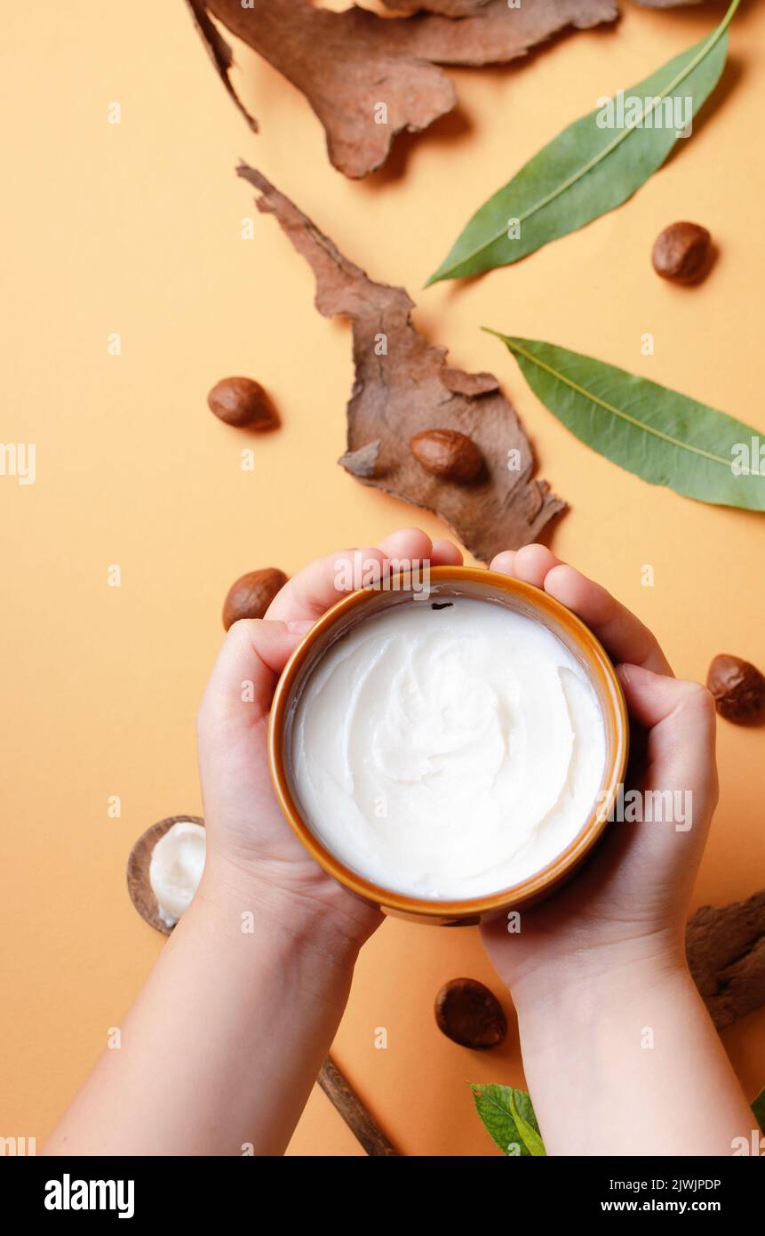 Le mani del bambino che tengono il burro di karitè non raffinato in una ciotola. Foto Stock