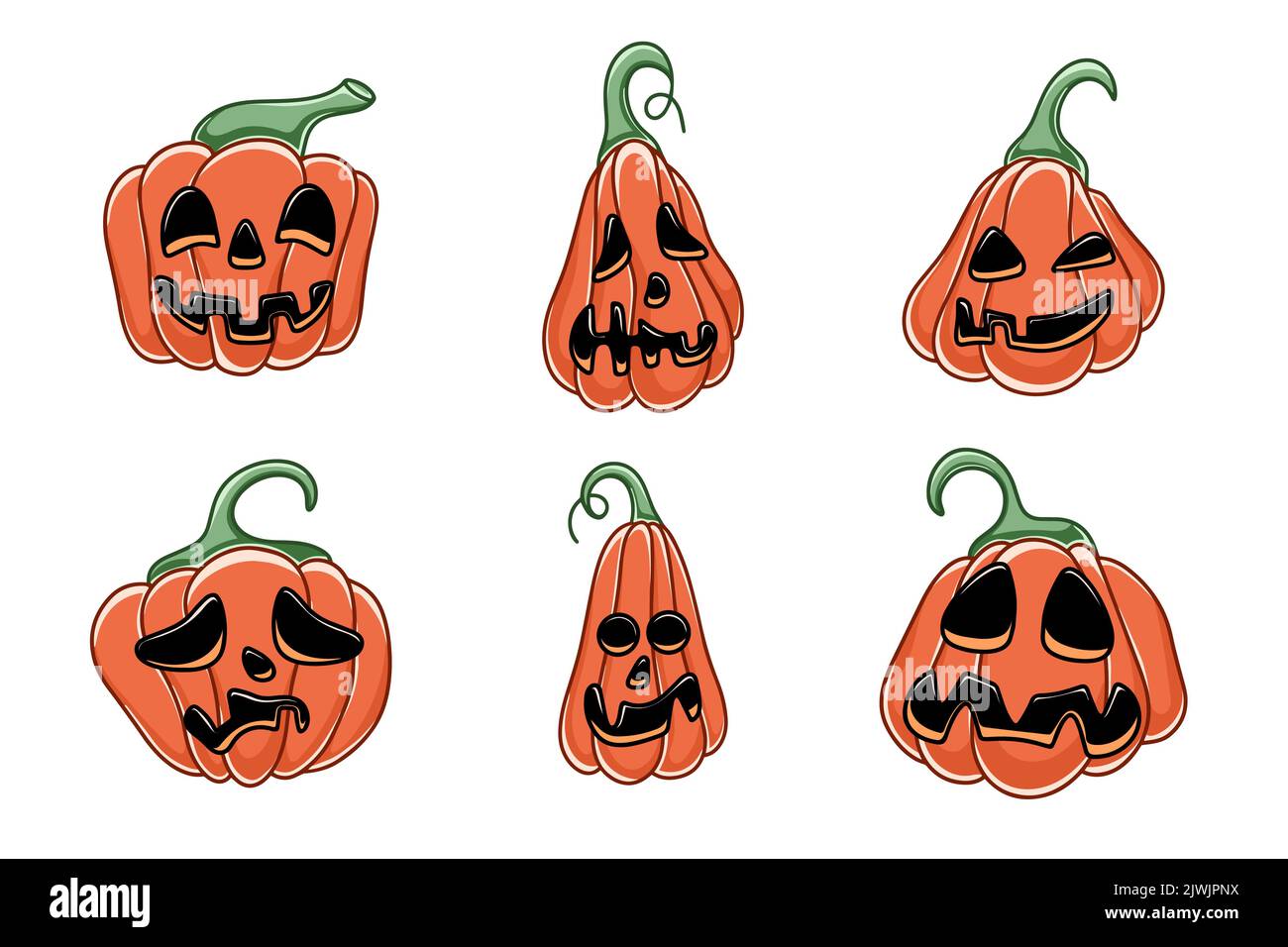 Set di zucca di Halloween spoky disegnata a mano. Personaggi terribili per le feste di Halloween. Teste tradizionali con emozioni diverse. Verdure autunnali Illustrazione Vettoriale