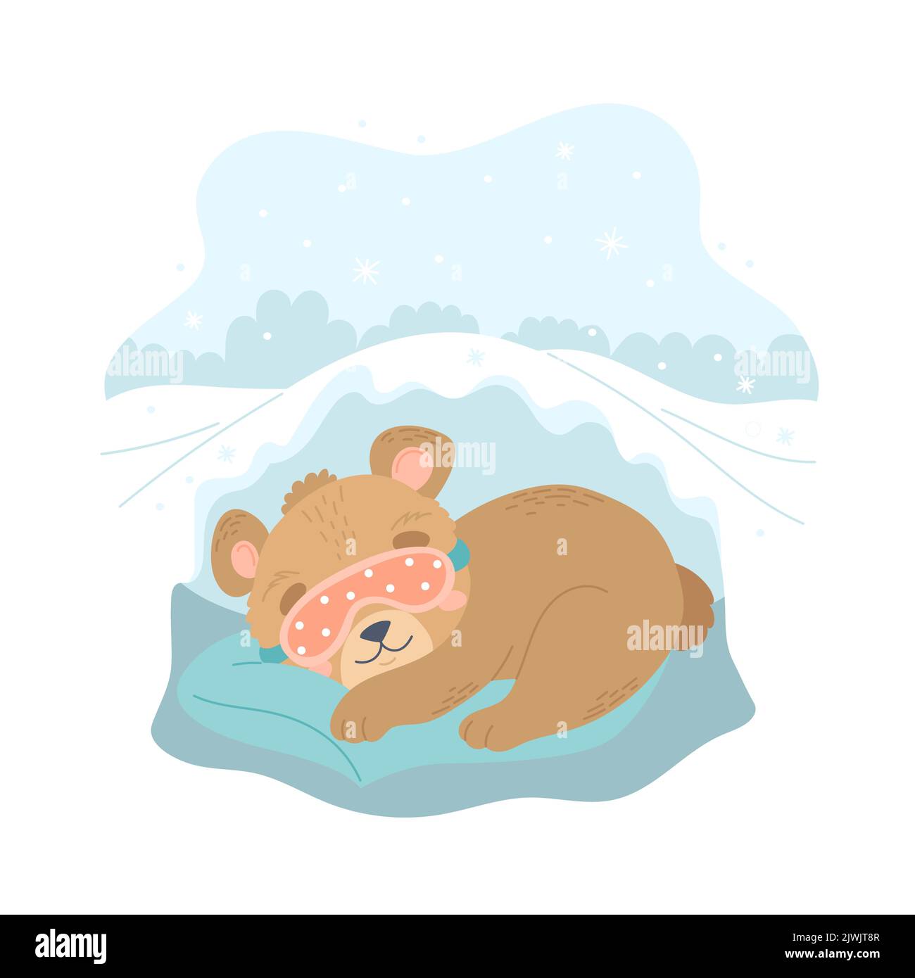 Sopporta dormire in inverno, carattere carino con maschera di sonno nella grotta. Simpatica illustrazione vettoriale stagionale in stile cartoon piatto Illustrazione Vettoriale
