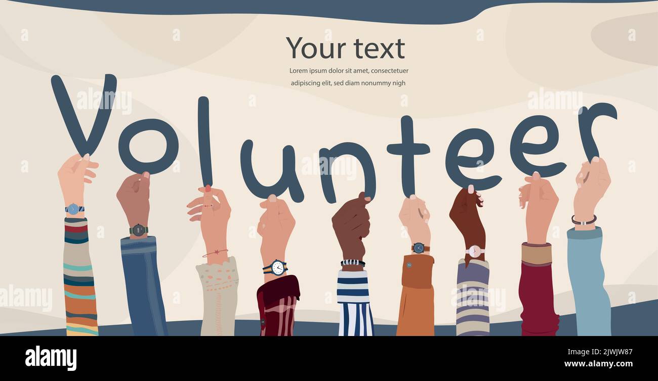 Gruppo di diverse persone di volontariato cultura con le mani e le braccia in un cerchio tenendo lettere che formano testo -Volontario- Volontariato squadra comunità. ONG Illustrazione Vettoriale