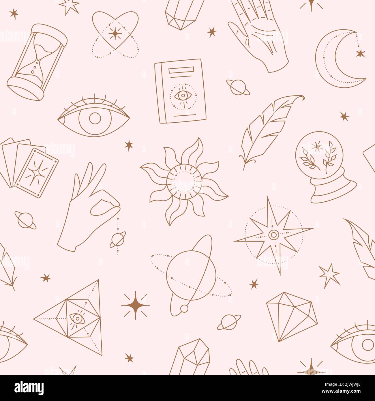 Motivo esoterico senza giunture. Icone magiche simboli minimalisti, pianeti, mani e cristalli, carte e occhi. Illustrazione del vettore lineare disegnato a mano Illustrazione Vettoriale