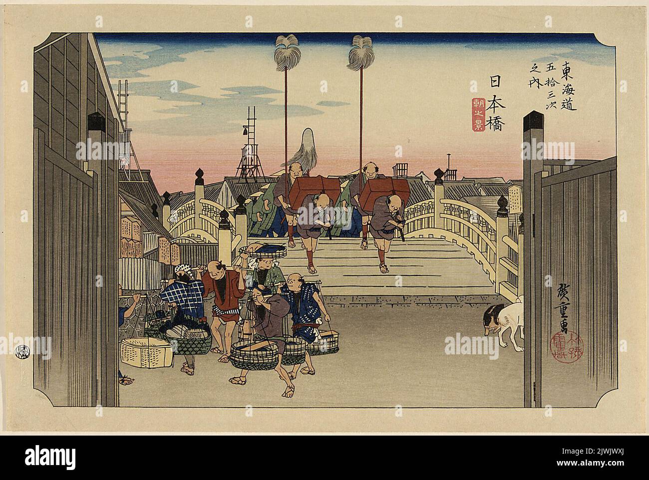 Nihonbashi, scena al mattino (Nihonbashi asa-no kei); dalla serie 53 stazioni del Tokaido (Tokaido gojusan tsugi-no uchi). Andô, Hiroshige (1797-1858), artista grafico Foto Stock