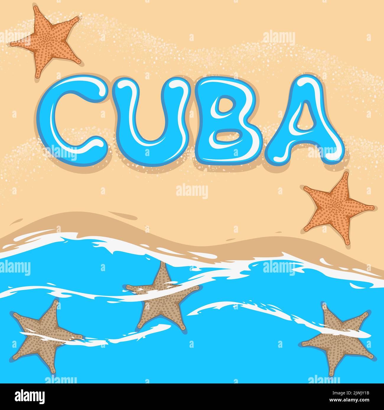 Illustrazione con mare, onde, stelle marine e la parola Cuba. Sfondo vettoriale marino. Illustrazione Vettoriale