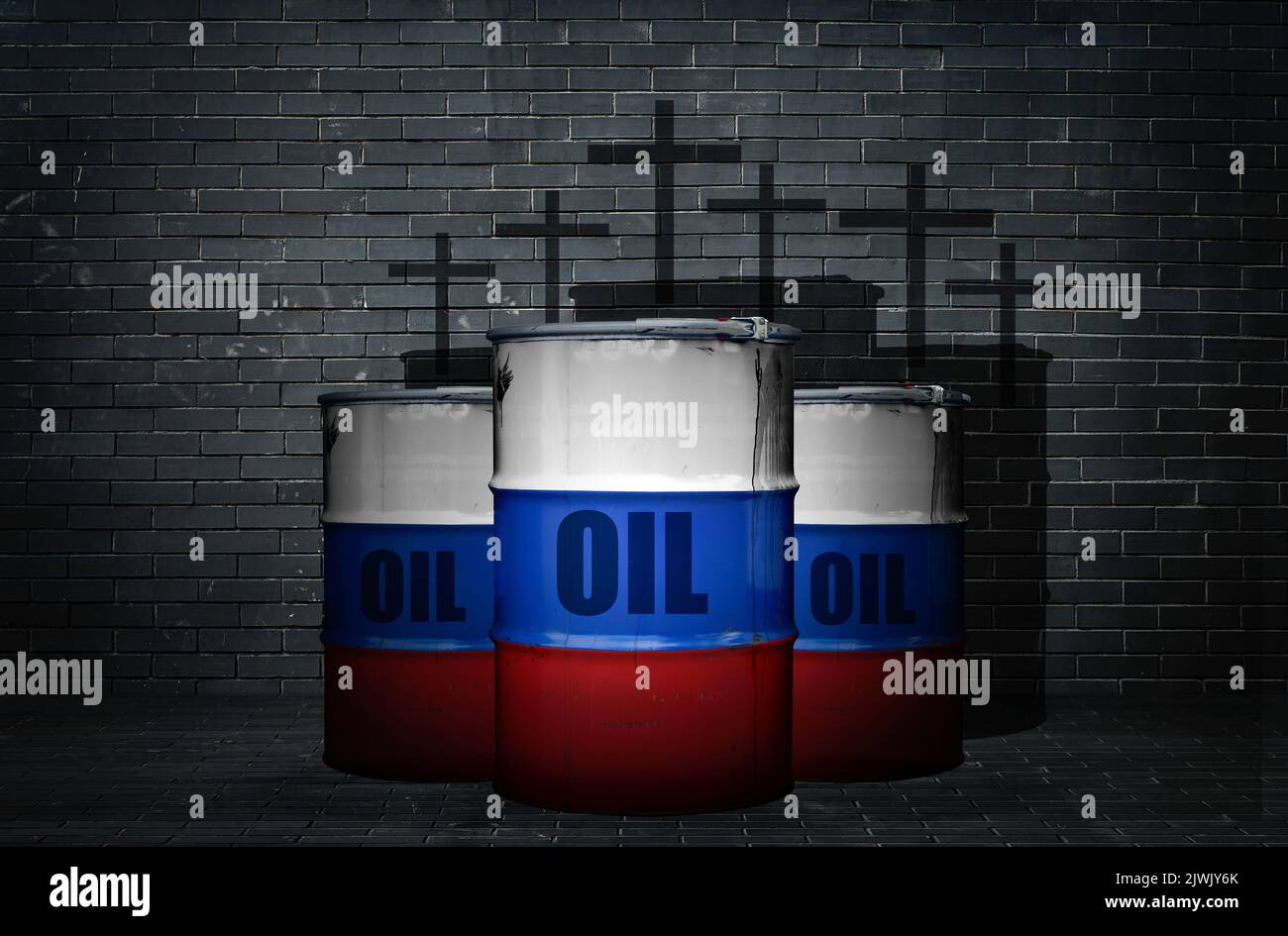 Industria russa del petrolio di gas. Barili con olio russo sullo sfondo di un muro nero e l'ombra della guerra in Ucraina. Concetto di embargo sulle sanzioni e sull'energia. Foto di alta qualità Foto Stock