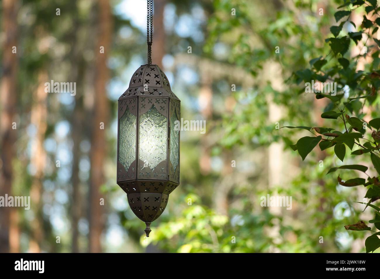 Lampada pensile su un binario di fronte a una foresta di metallo e vetro. Illuminato. Lavorazione orientale. Foto oggetto Foto Stock