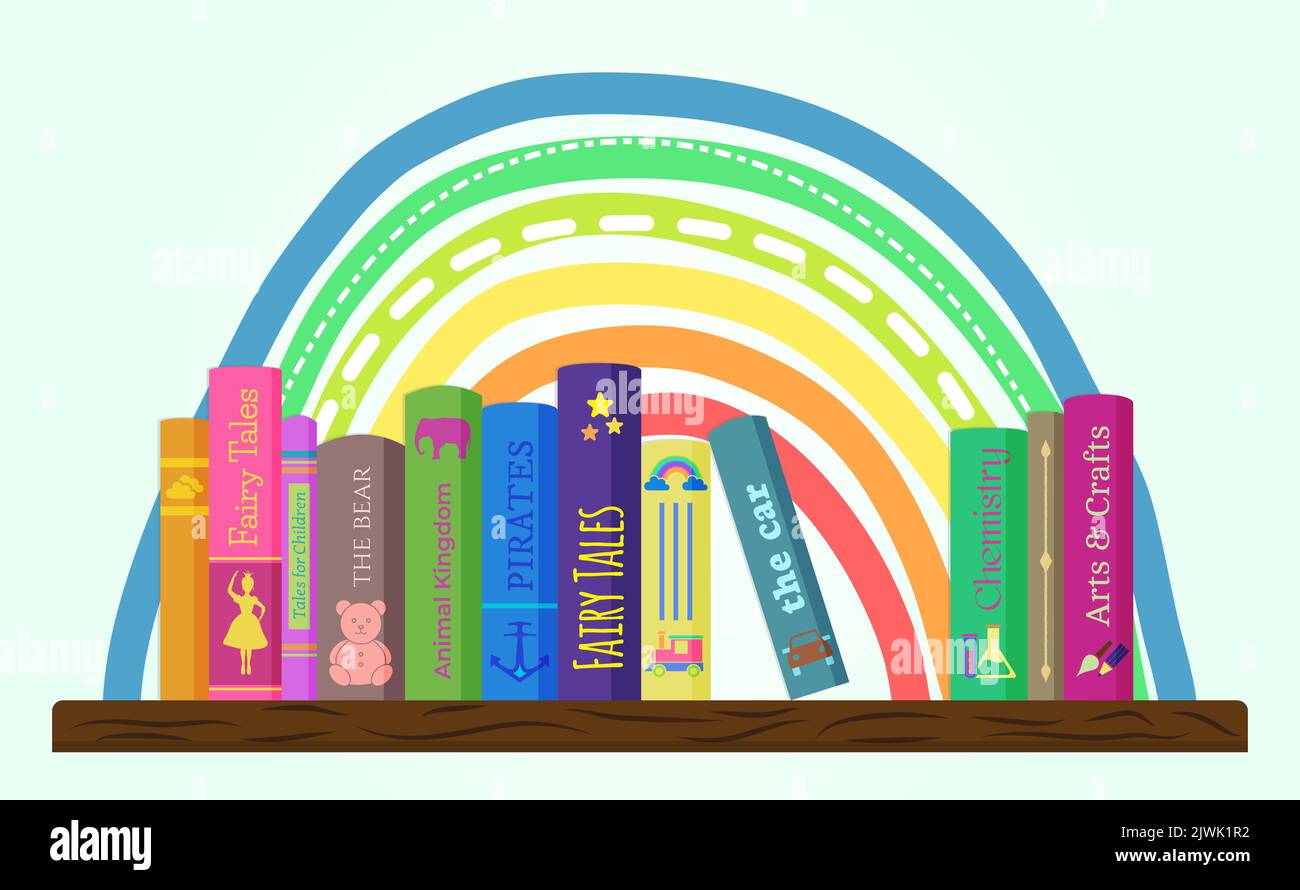 Disegno divertente dell'illustrazione del libro per i bambini con l'arcobaleno. Libreria per bambini o Libreria con sfondo banner per libri Illustrazione Vettoriale