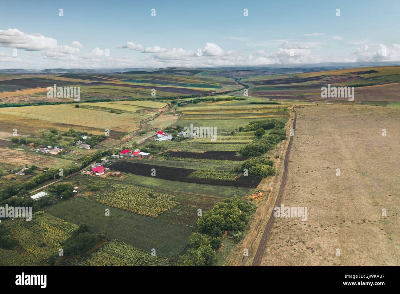 Paesaggio rurale aereo con campi agricoli patchati gialli e cielo blu con nuvole bianche. Campo di grano agricolo in zona rurale, Europa Foto Stock