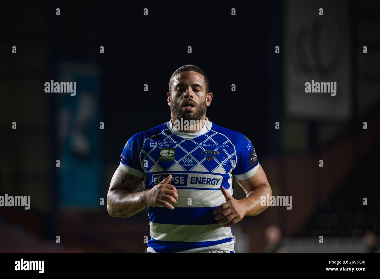 Kevin Larroyer per Halifax al DCBL Stadium, Widnes, Inghilterra. 5th settembre 2022. Betfred Championship, Widnes Vikings contro Halifax Panthers Foto Stock