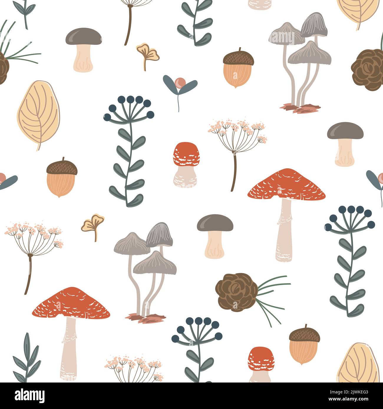 Grazioso motivo floreale senza cuciture. Frutti di bosco autunnali, foglie, brunch e funghi. Carino sfondo bambini per tessuti, tessuti, carta, sfondi. Vettore Illustrazione Vettoriale