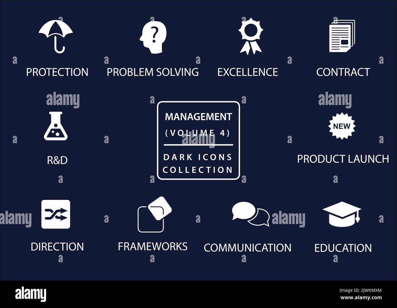 Icona del vettore di gestione impostata in design piatto e modalità scura Illustrazione Vettoriale
