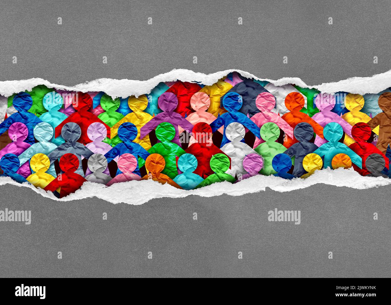 Scoprire la cultura e la giustizia sociale l'inclusione come un gruppo di persone di culture diverse sotto carta lacerata come simbolo di una società unita Foto Stock